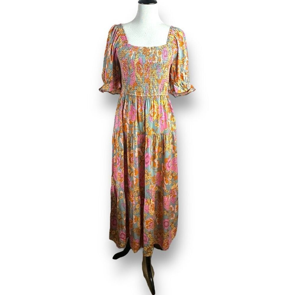 Zesica Women's L Square Neck Ruffle‎ Sleeve Swing Dress Mod Flower Power Midi